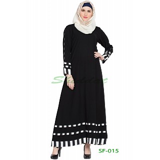 A-line casual abaya- Black with White strips